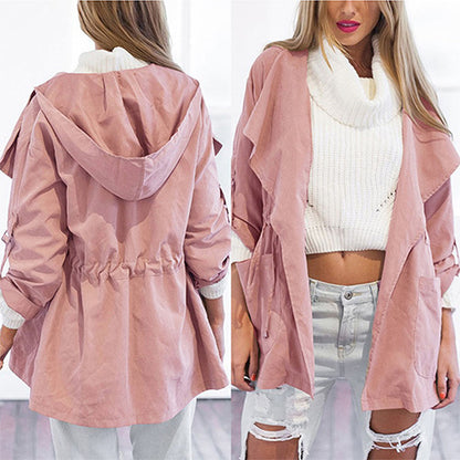 Women's Hooded Open Front Trench Coat - Lightweight Cotton Blend