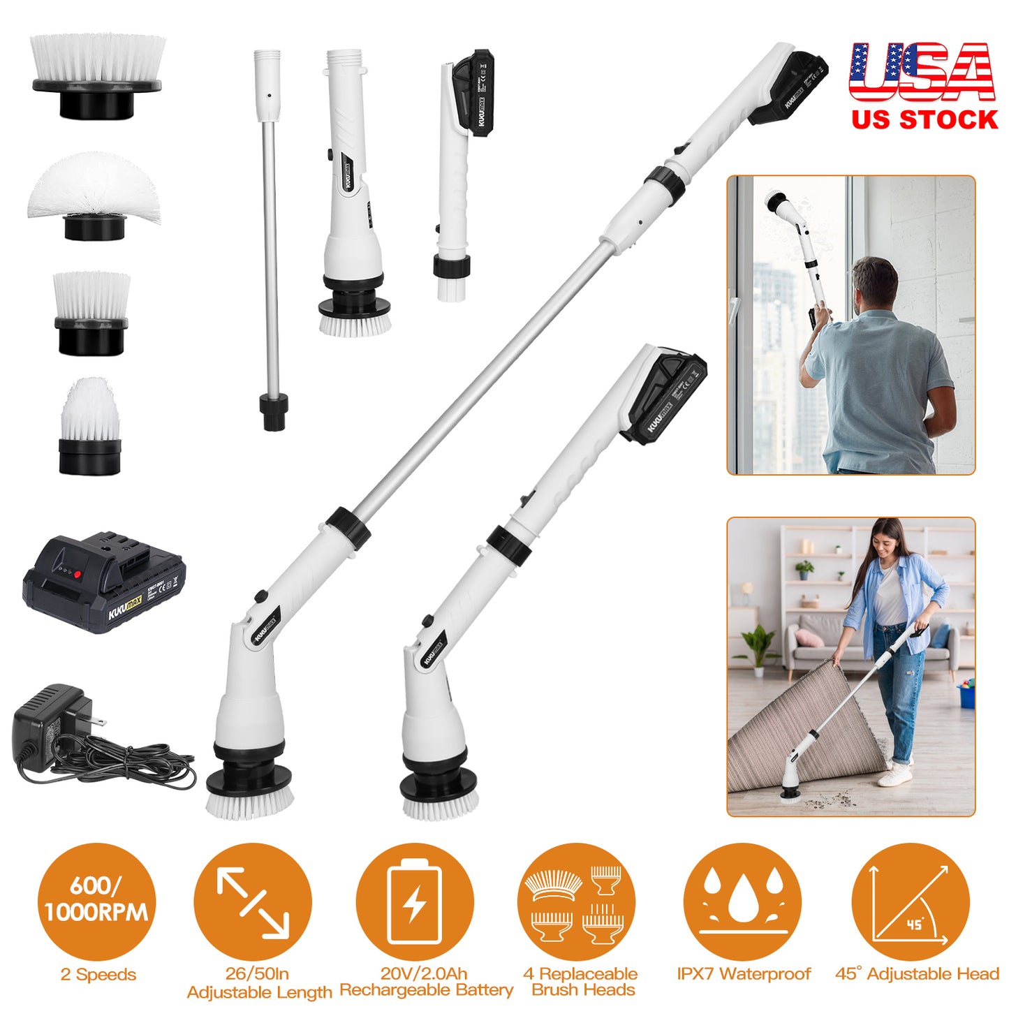 Electric Spin Scrubber with 4 Brush Heads & Extension Rod