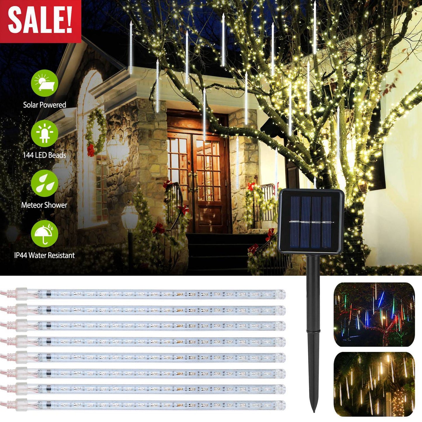 Solar Meteor Shower String Lights 8 Tubes 144 LED Waterproof