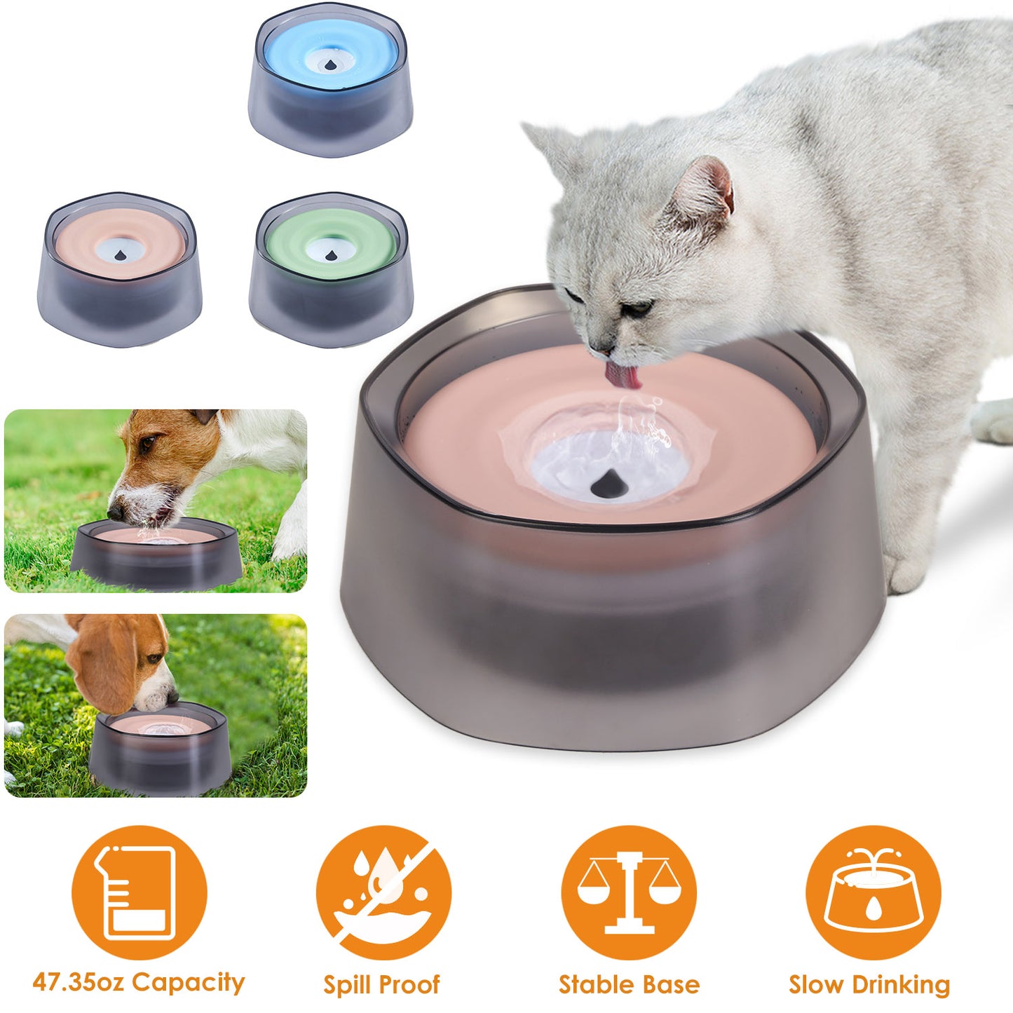 No Spill Dog Water Bowl 47oz Slow Feeder with Float Disk