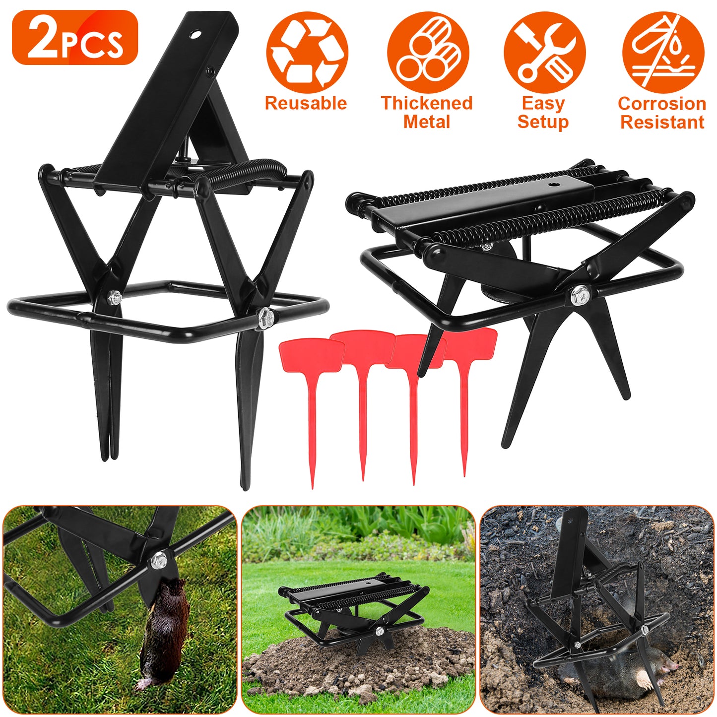 Mole Scissor Trap Set - 2 Pack Reusable Metal Outdoor Traps