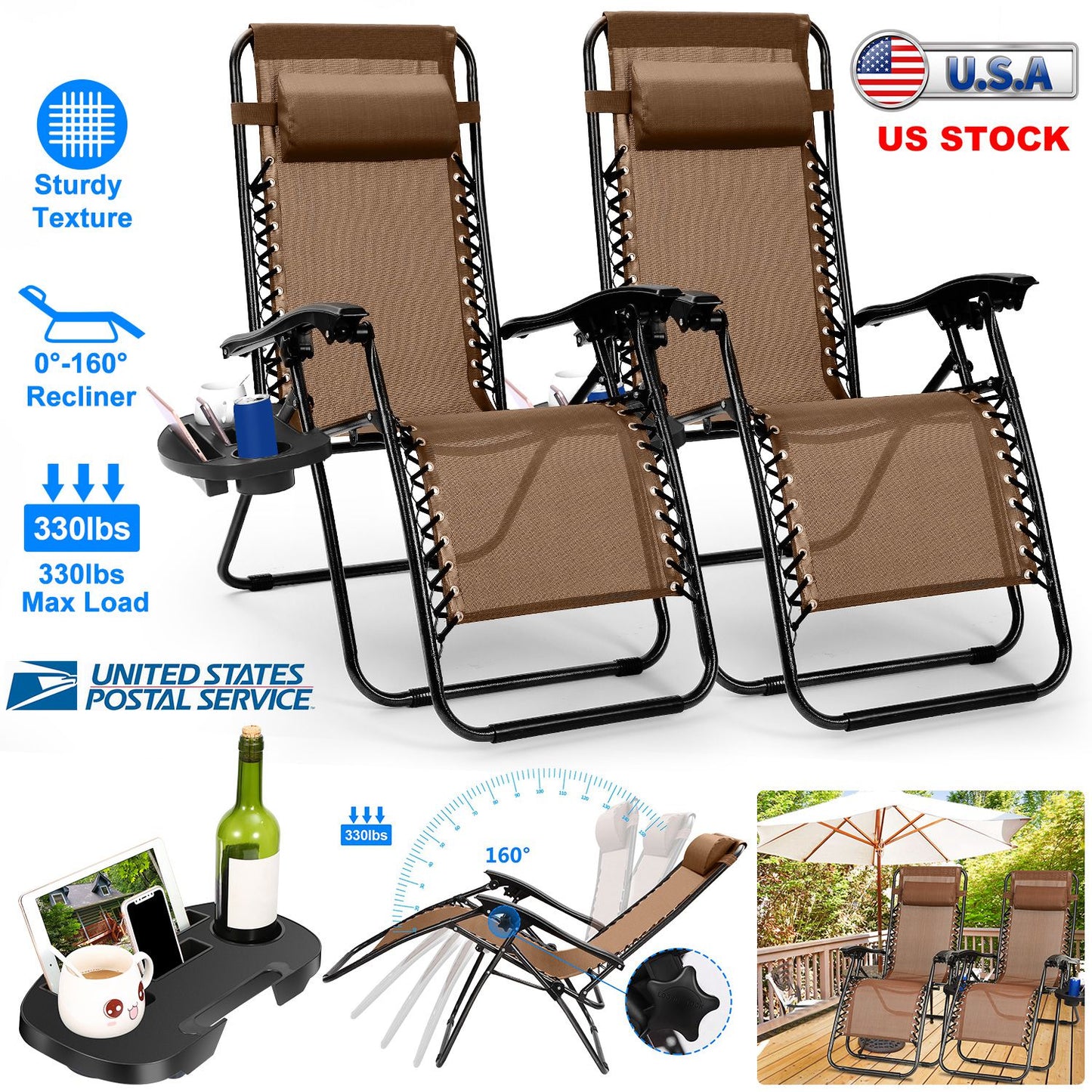 Zero Gravity Lounge Chair Set with Side Trays (2-Pack)