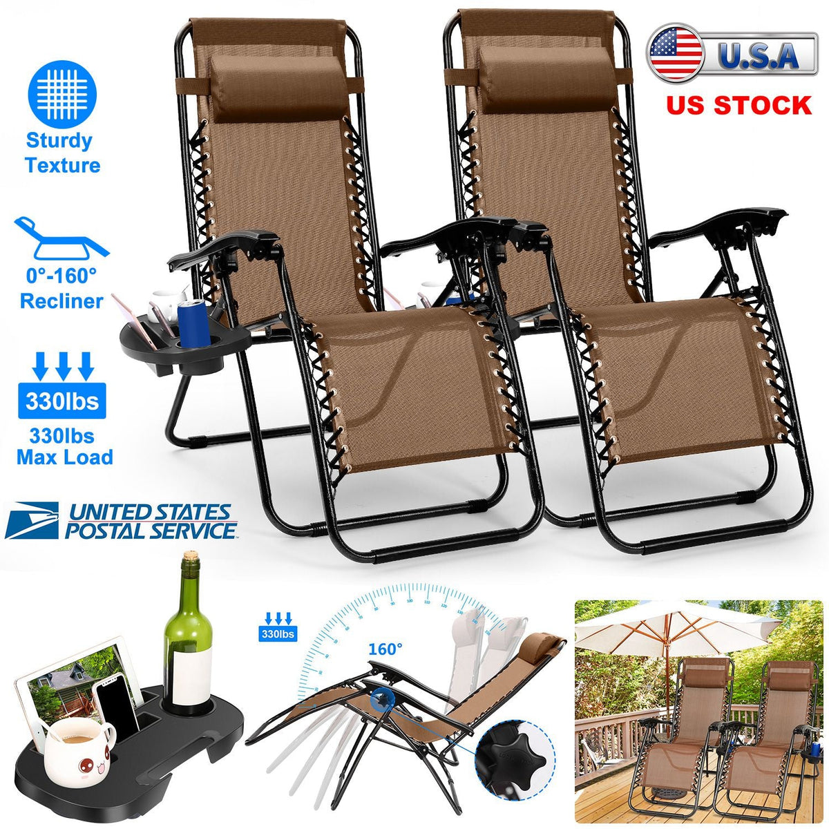 2Packs Zero Gravity Lounge Chair w/ Dual Side Tray 330lbs Load Foldable Recliner Chair w/ Stress Relief Pillow Patio Poolside Beach Lying Chair