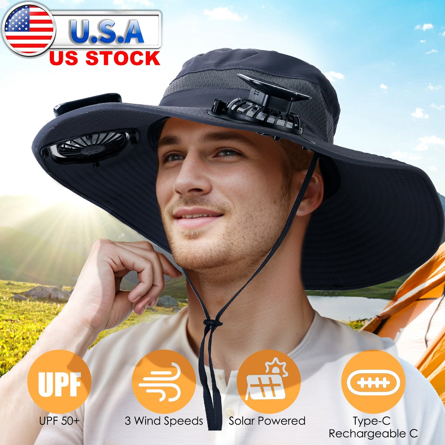 Wide Brim Sun Hat with Dual Rechargeable Fans & UPF50+