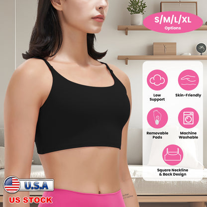 Women Strap Sport Bras Padded Strappy Crop Square Neck Low Impact Bras Sexy Fitness Tank Tops with Removable Pads Flat Straps for Gym Yoga Workout Run