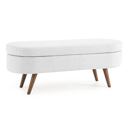Oval Storage Ottoman Bench, Upholstered Storage Bench with Rubberwood Legs, Multifunctional Entryway Bench for Bedroom L