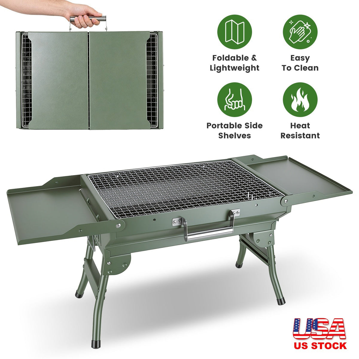 Foldable Charcoal Grill with Storage Shelf and 10 Skewers