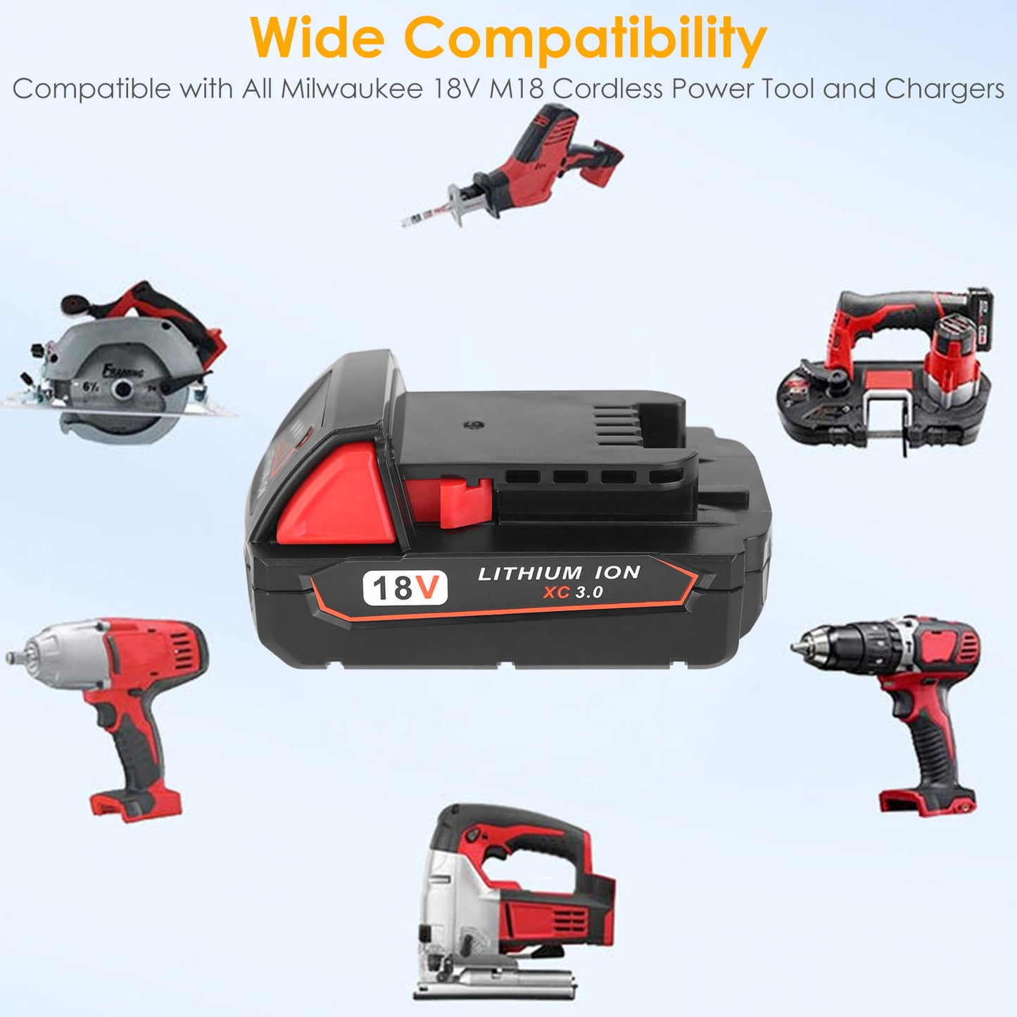 18V 3000mAh Lithium Battery for Milwaukee M18 Cordless Tools