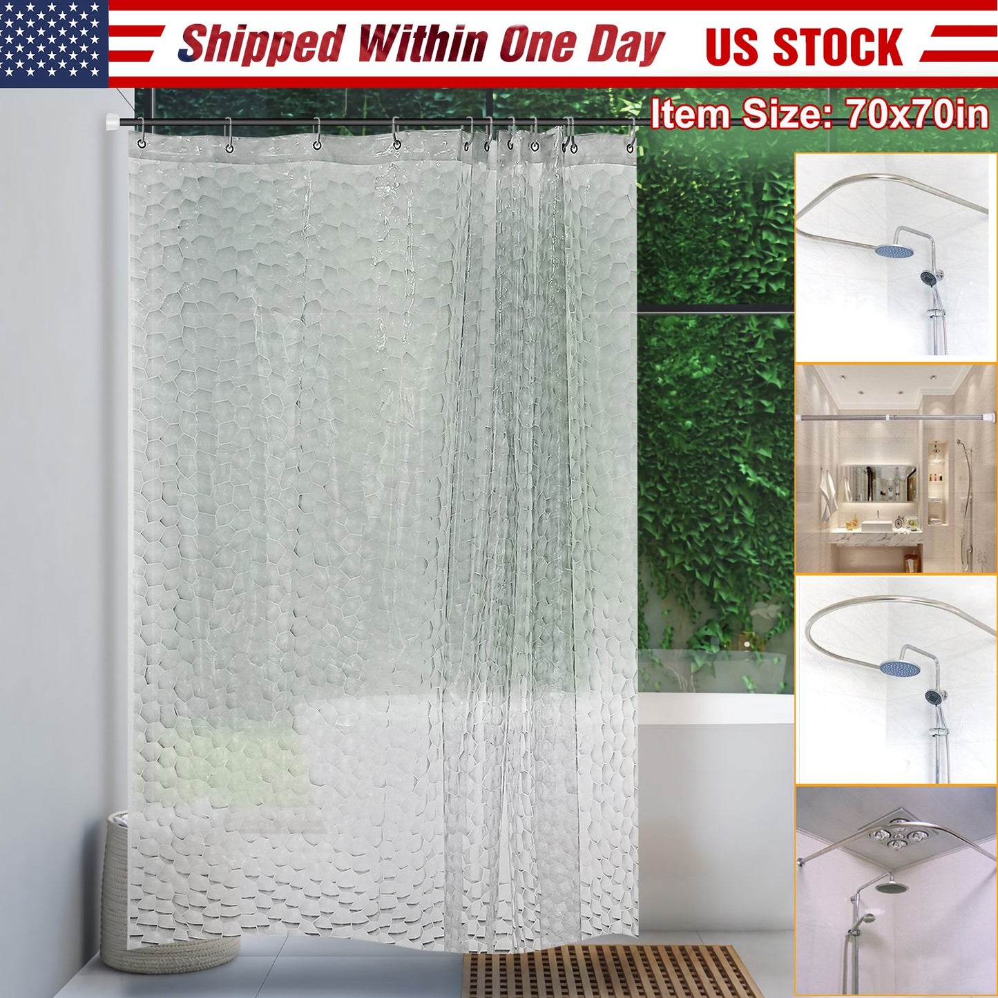 Waterproof EVA Shower Curtain 70x70 Inches with 12 Hooks