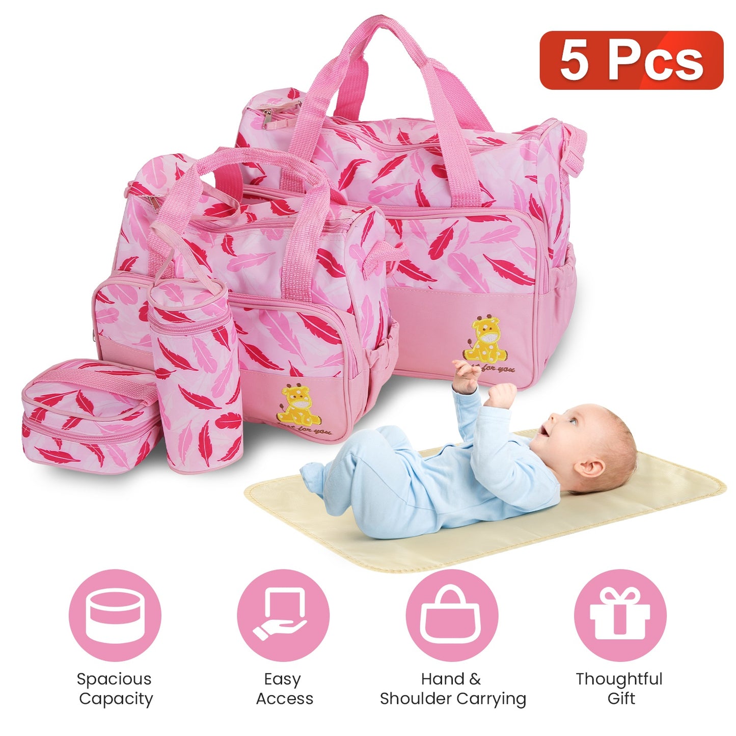 5-Piece Diaper Bag Set with Bottle Bag and Changing Pad