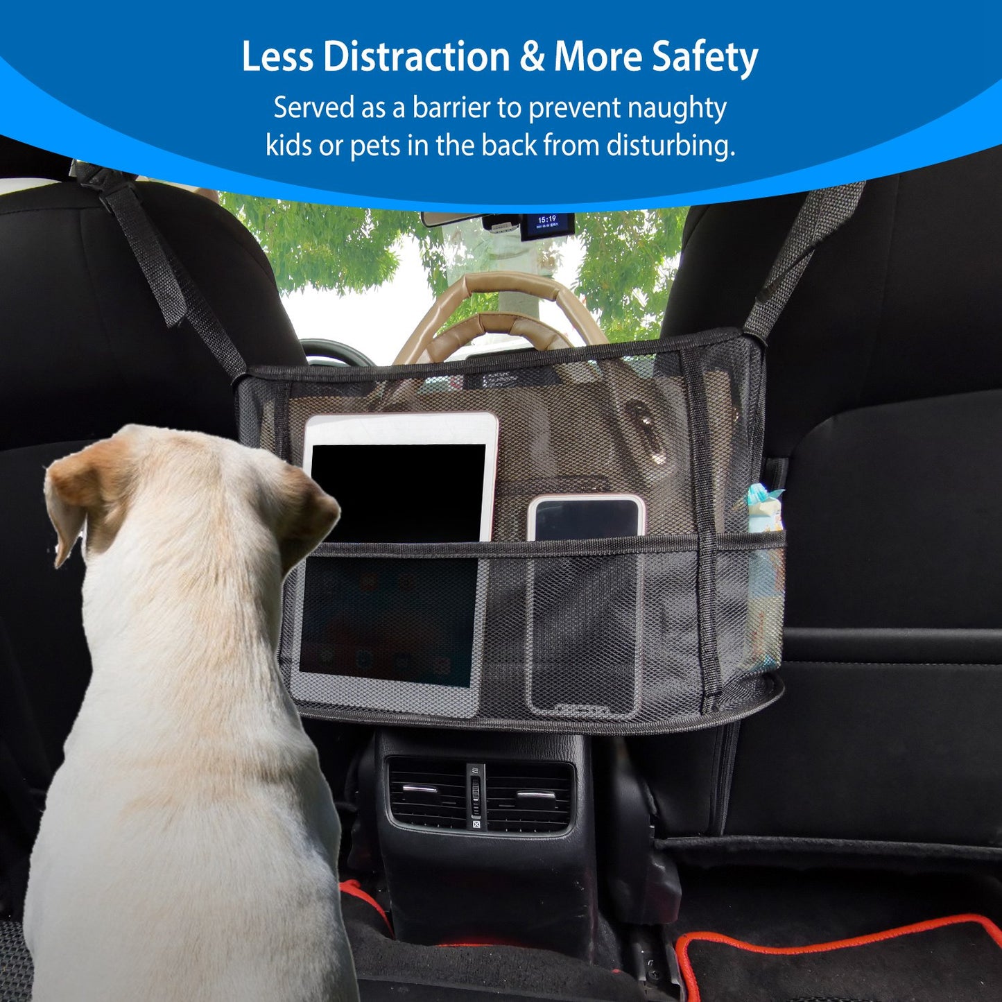 Car Seat Net Organizer with Pet Barrier and Storage Pockets