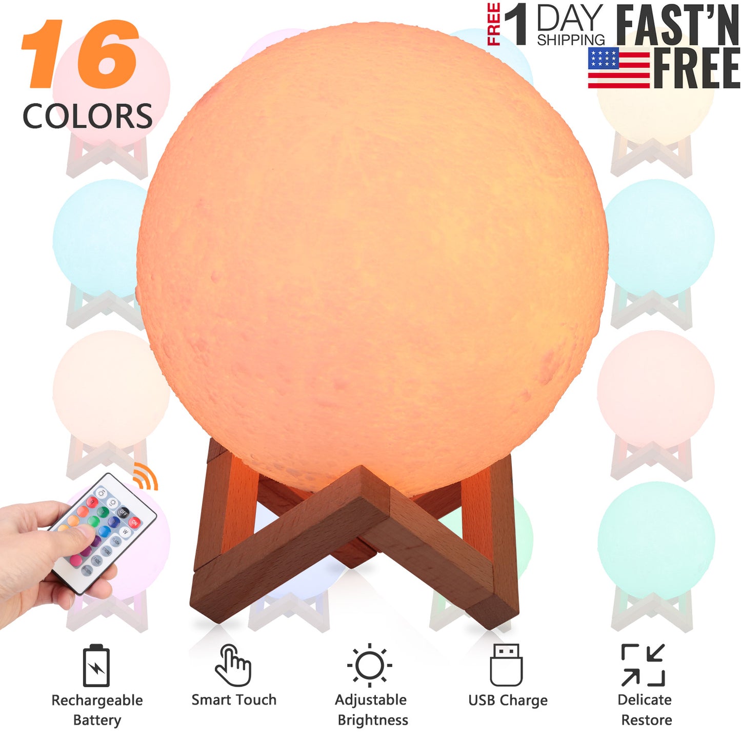 3D Moon Lamp Night Light with 16 Colors and Remote Control