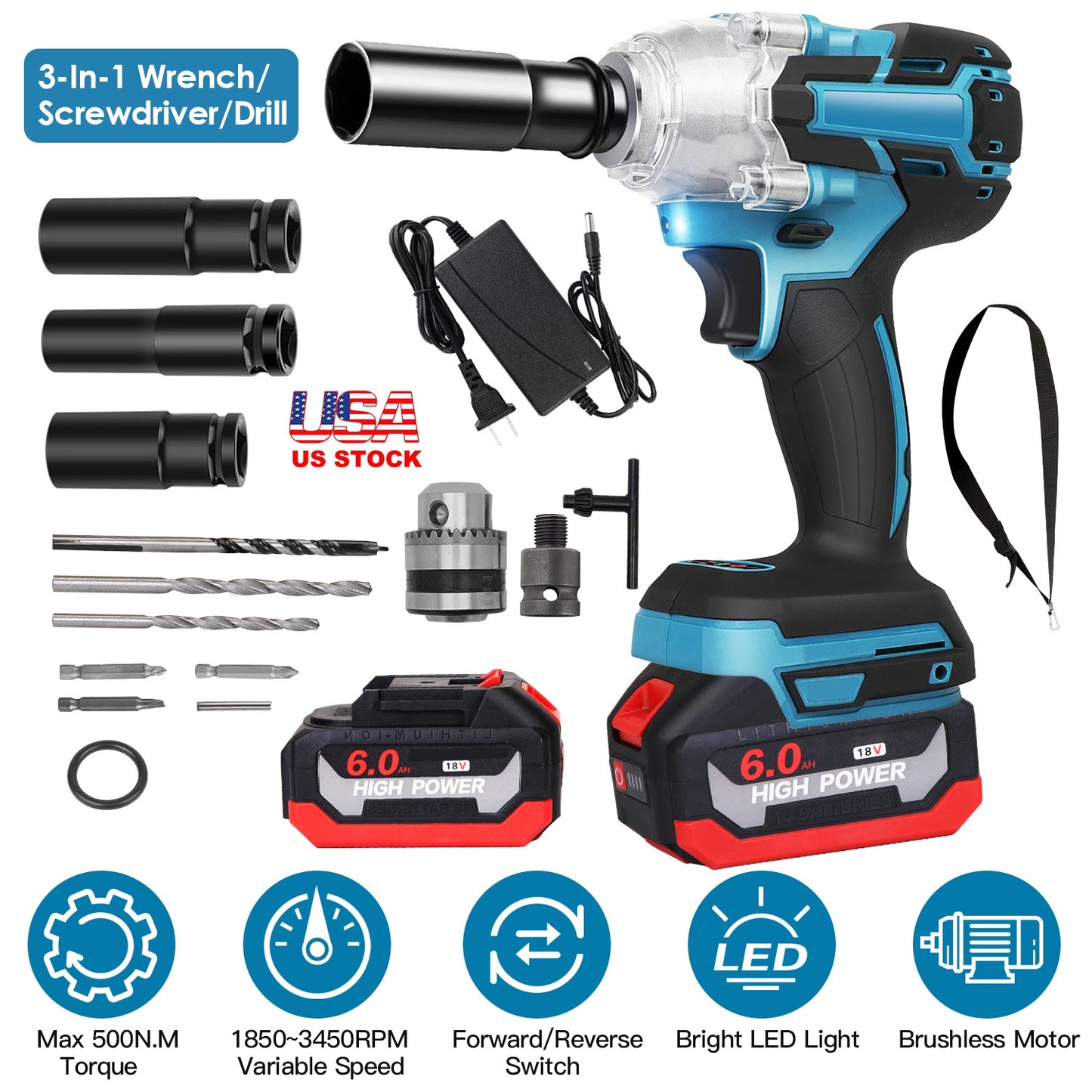 Cordless Impact Wrench 3-in-1 with Brushless Motor & 2 Batteries