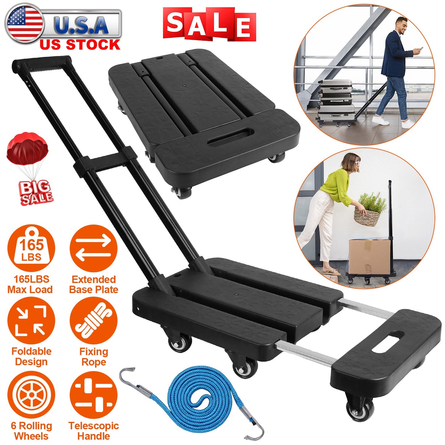Folding Hand Truck with 165 lb Capacity & Telescopic Handle