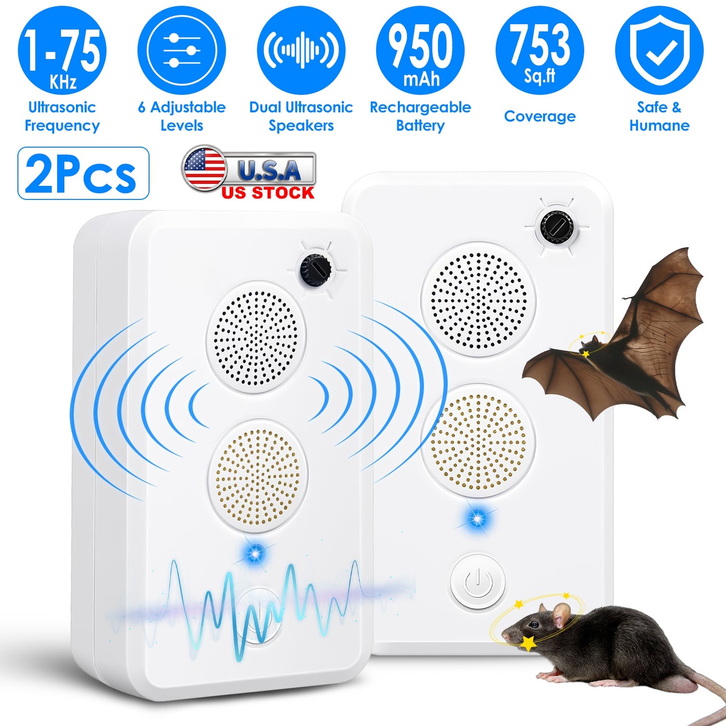 Ultrasonic Bat Repellent 2-Pack Rechargeable Indoor Outdoor