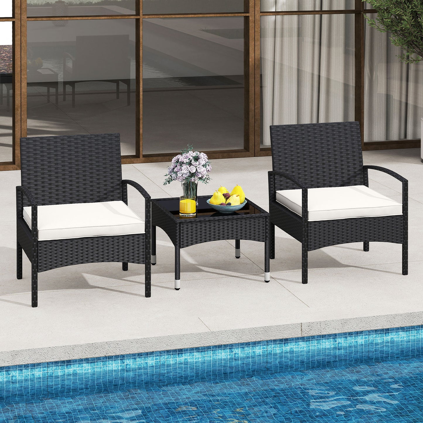 3-Piece Patio Conversation Set with Rattan Bistro Chairs & Table