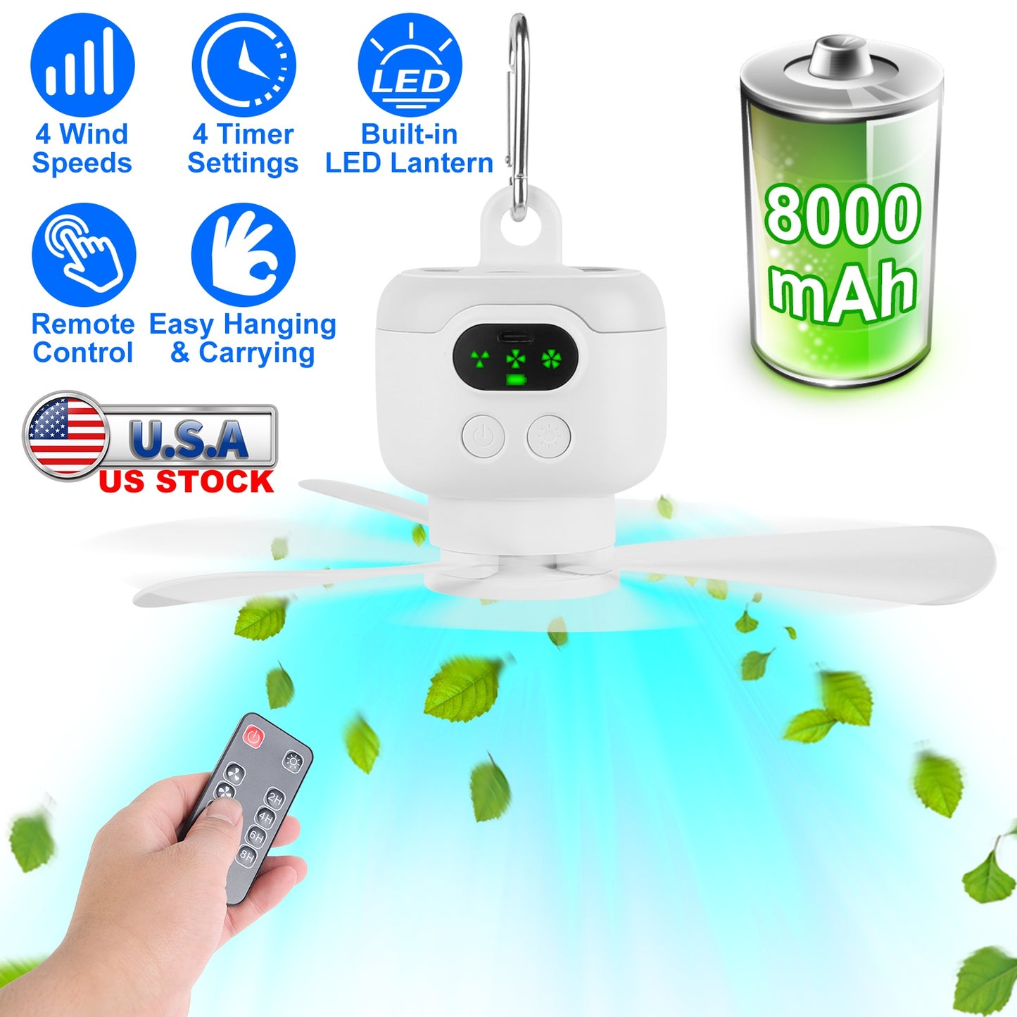 Portable Camping Fan with LED Lantern 8000mAh Battery Powered