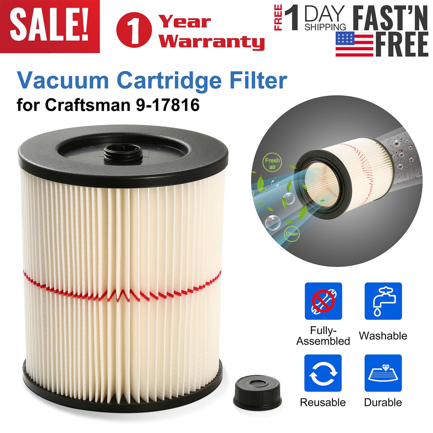 Vacuum Cartridge Filter Replacement for Craftsman 9-17816