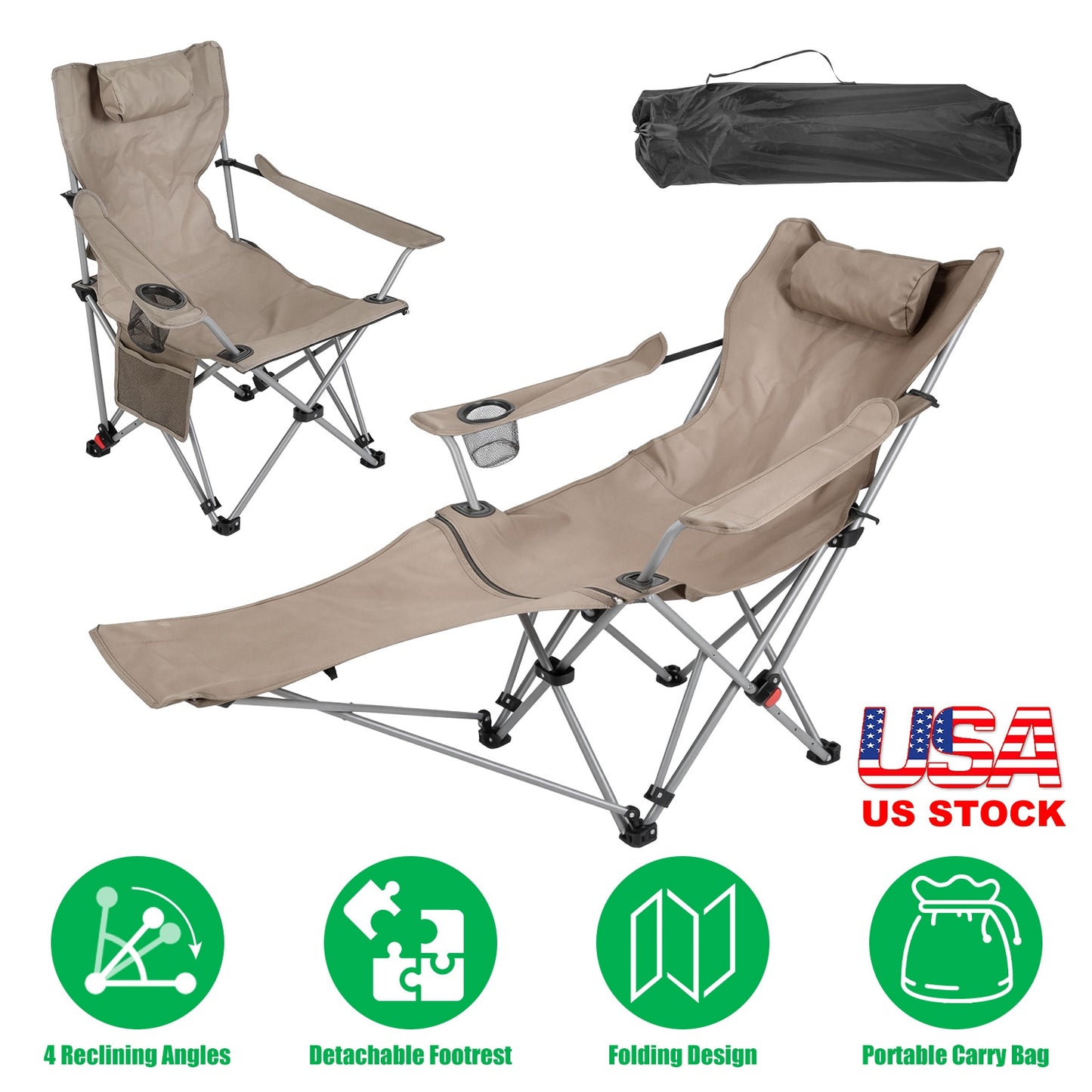 Reclining Camping Chair with Footrest - 4-Position Adjustable