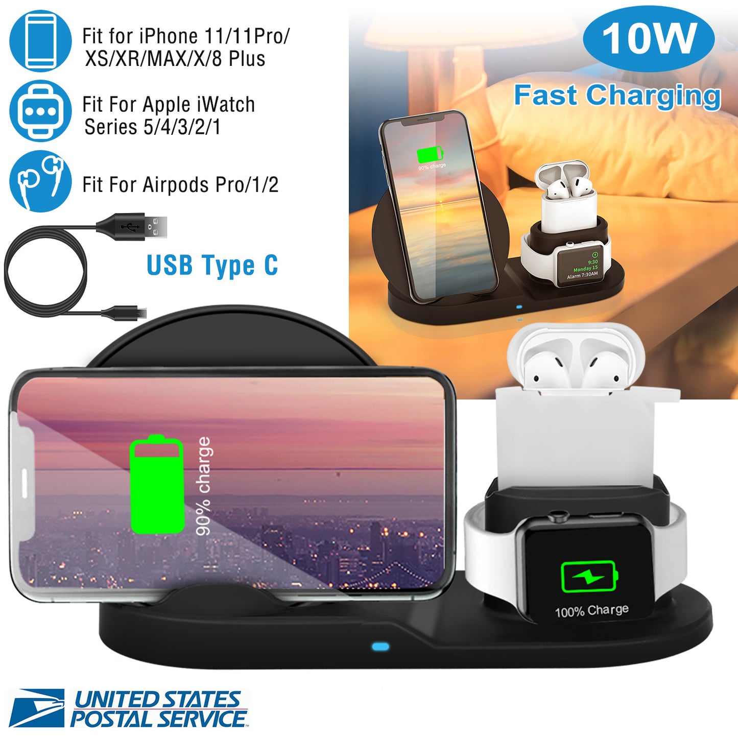 3-in-1 Wireless Charging Station 10W Fast Charge Dock