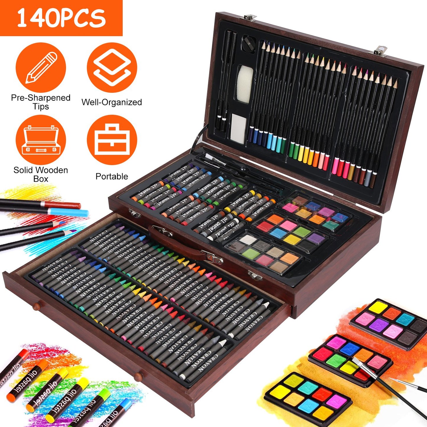 140-Piece Art Supply Set in Wooden Box with Pencils & Paints