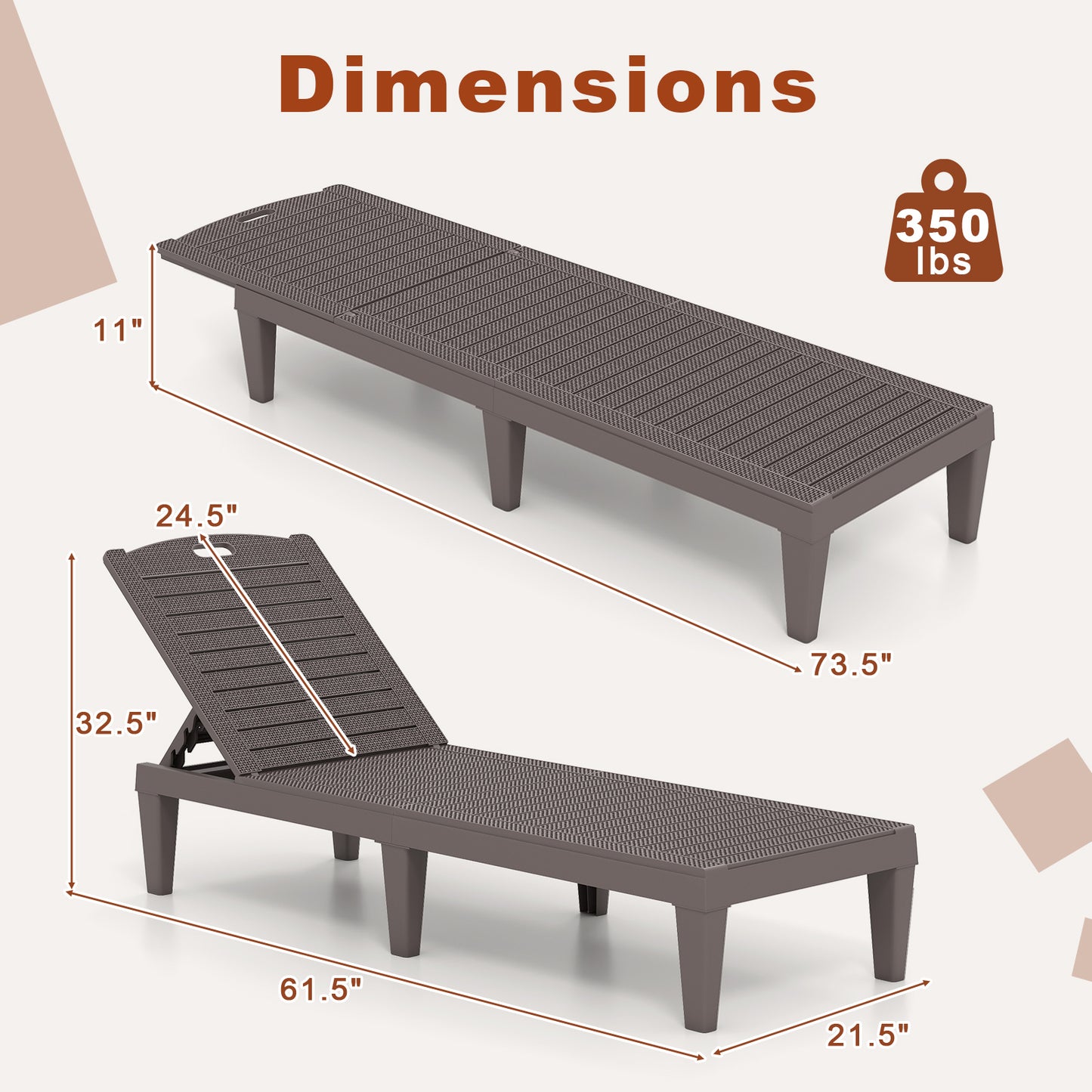 Adjustable Outdoor Chaise Lounge Chairs Set of 2 - 350 lbs