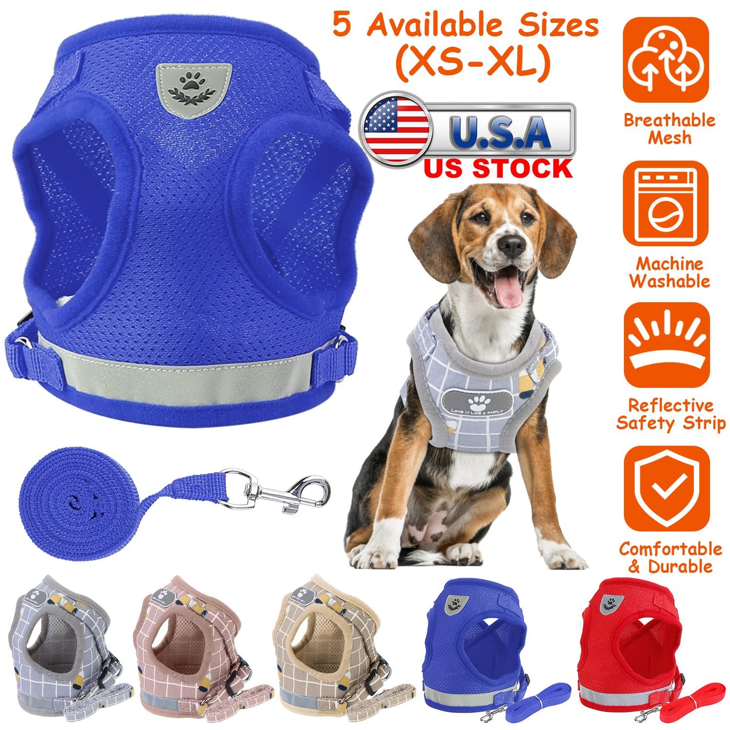 Reflective Dog Harness and Leash Set with Adjustable Mesh Vest