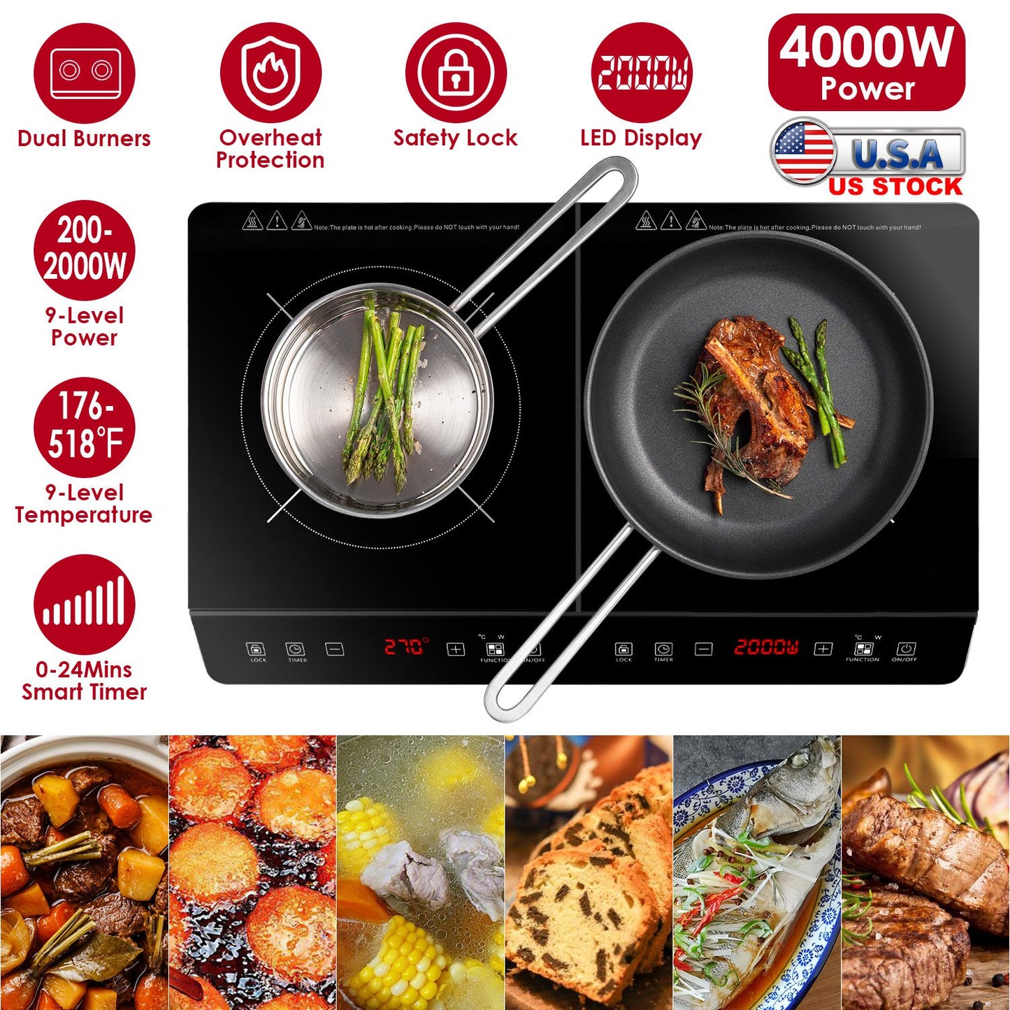 Dual Induction Cooktop 4000W Portable Electric Double Burner