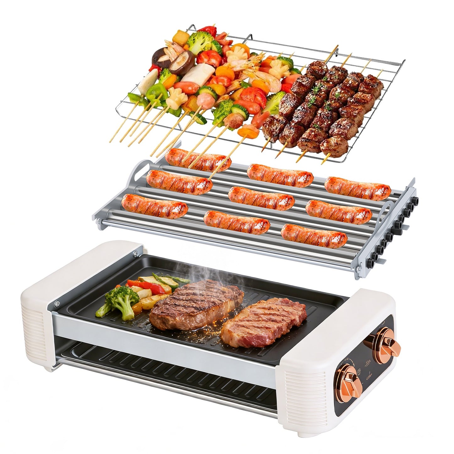 Electric Hot Dog Roller Grill with Griddle - 3-in-1 Cooker