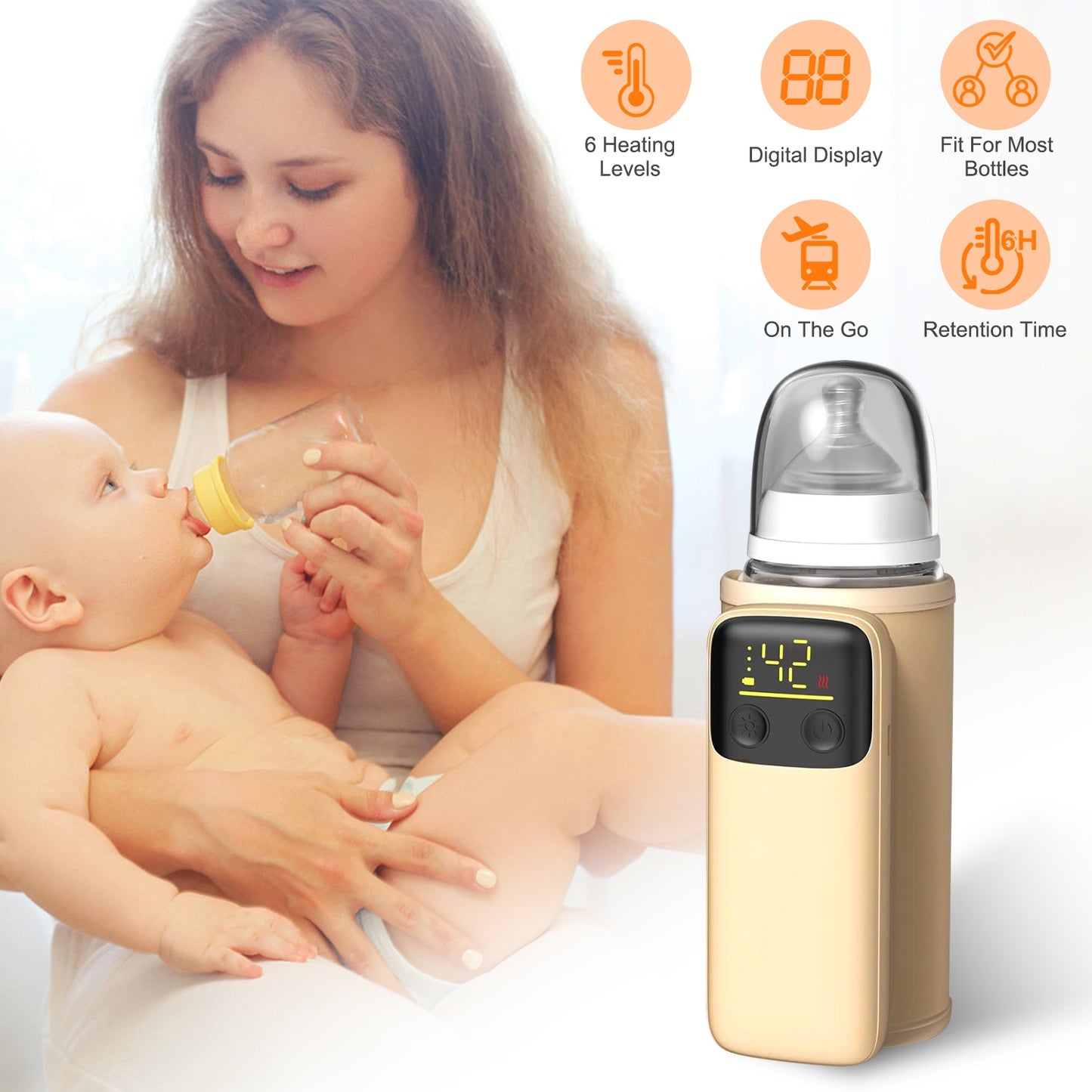 Portable Baby Bottle Warmer with Night Light & 6 Heat Levels