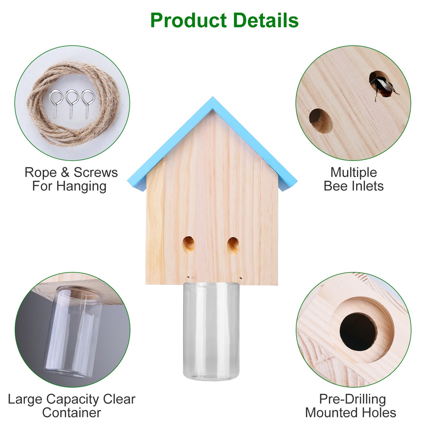 Carpenter Bee Trap - Natural Pine Wood Outdoor Hanging