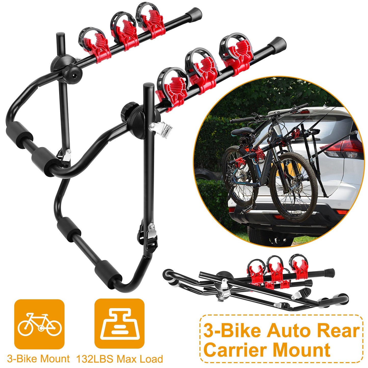 3-Bike Trunk Mount Rack - 132 LBS Capacity