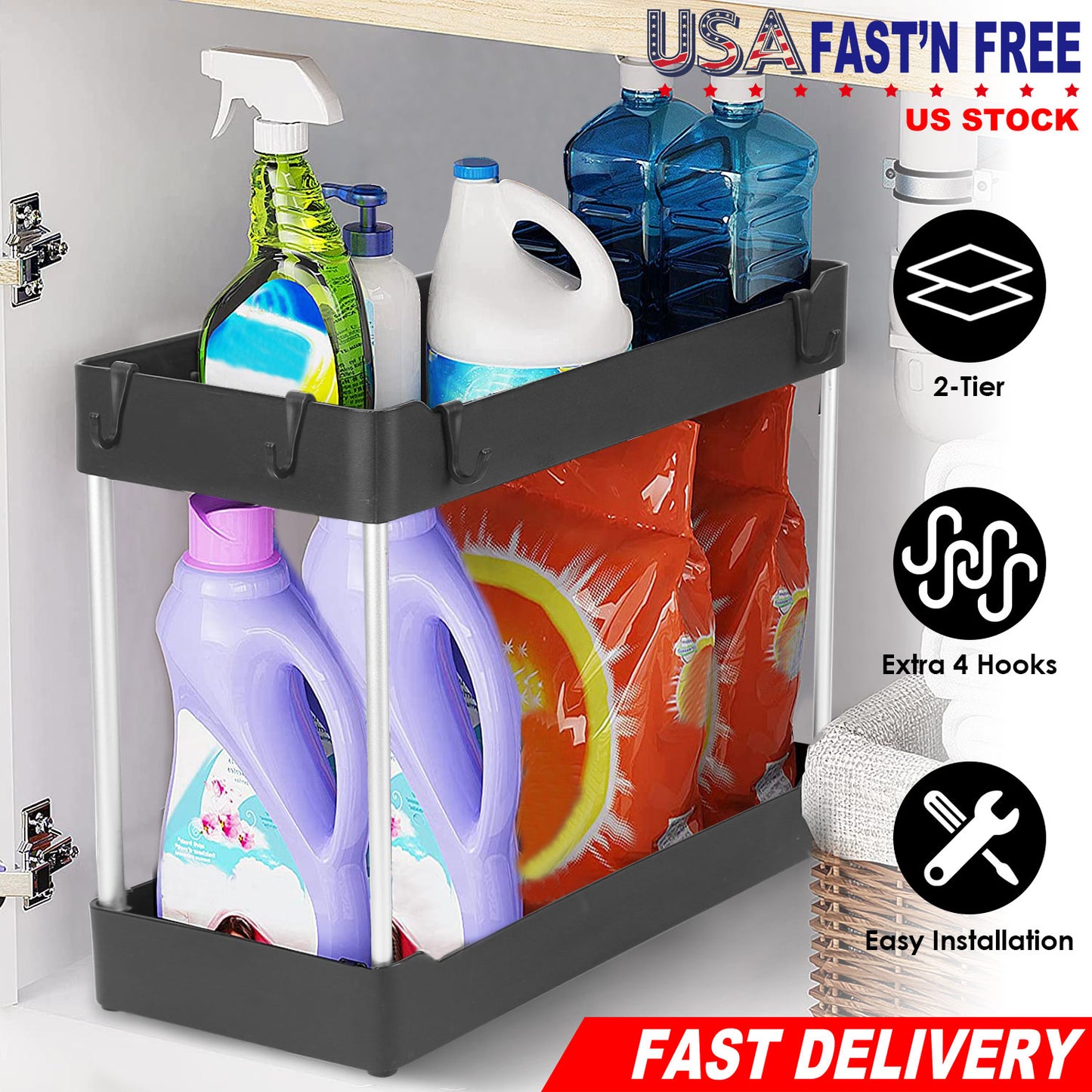2-Tier Under Sink Organizer with 4 Hooks