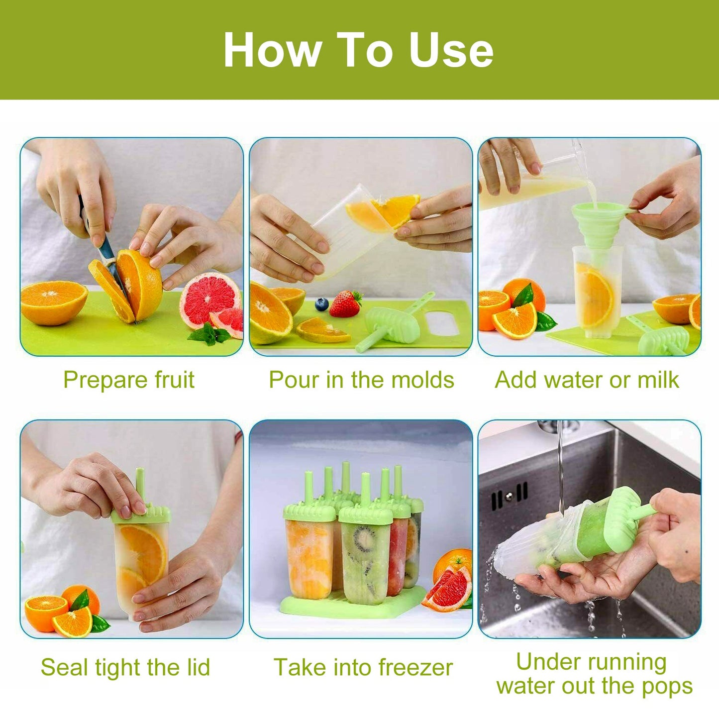 Reusable Popsicle Molds Set of 6 with Drip-Guard Handles