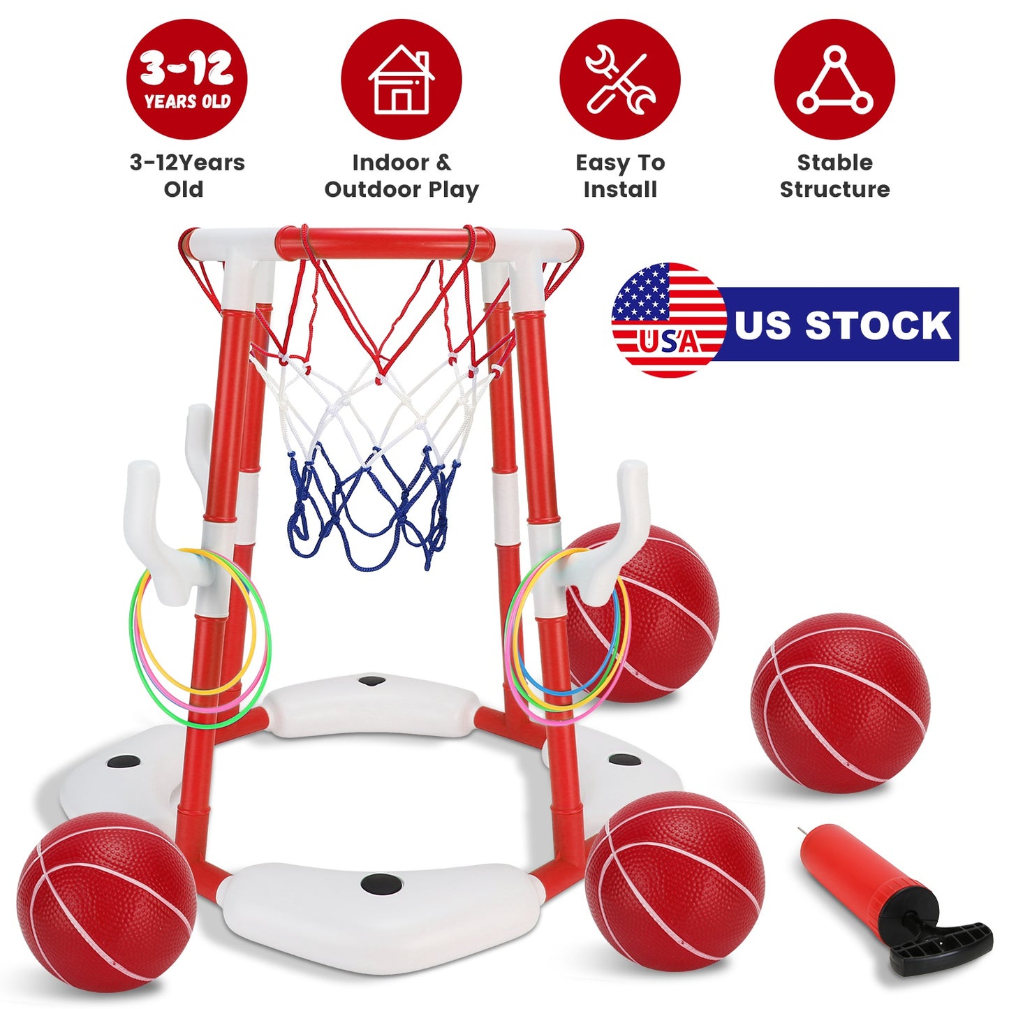 Pool Basketball Hoop Set with 4 Balls & Pump for Kids