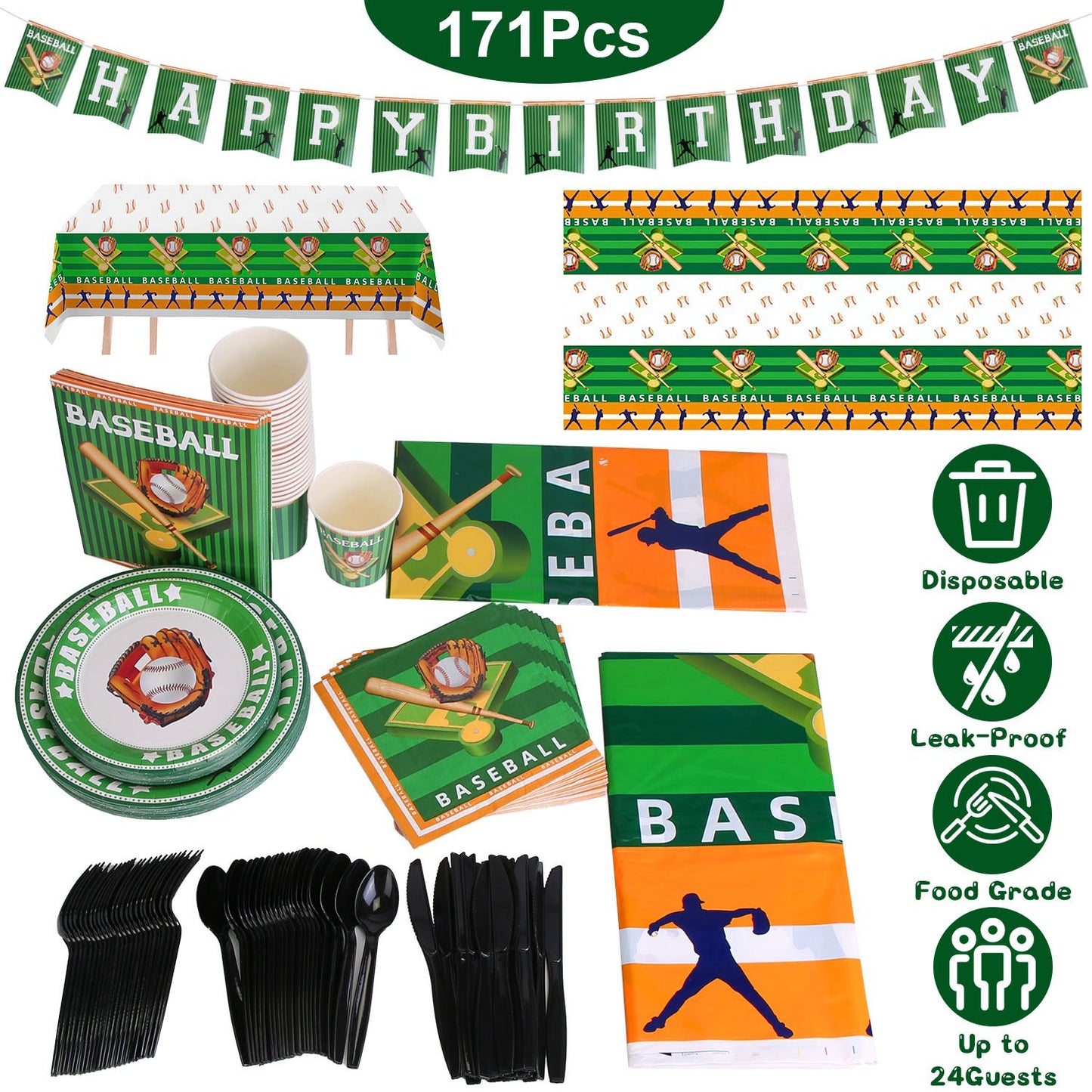 Baseball Party Supplies Kit for 24 Guests - 171 Pieces