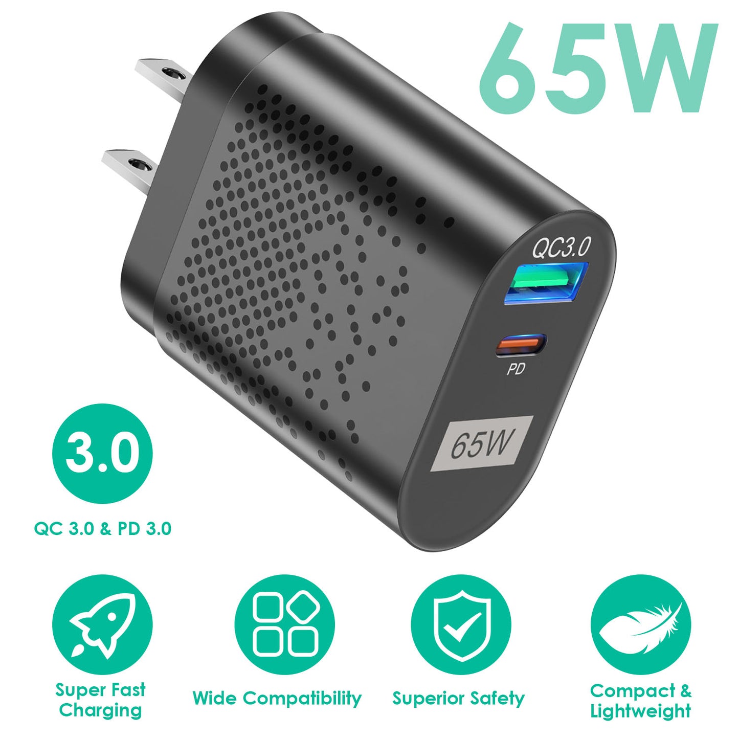 65W USB-C Fast Wall Charger with Dual Port PD 3.0