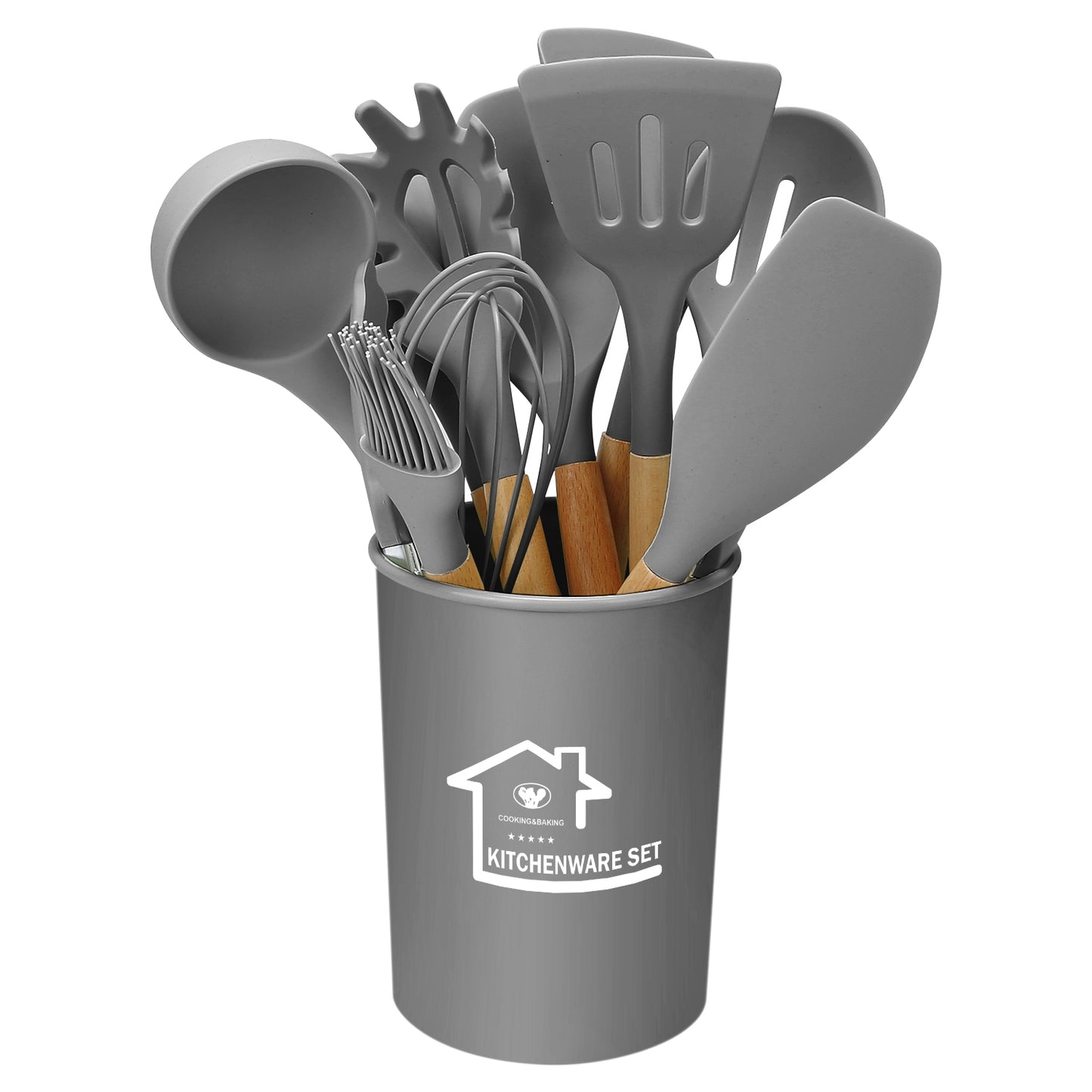 Silicone Cooking Utensil Set, 11-Piece with Wooden Handles