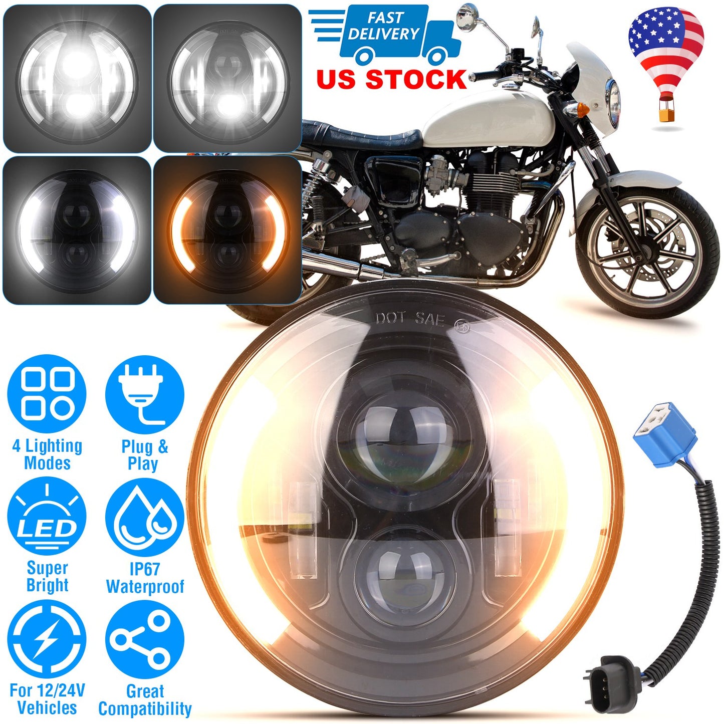 7 Inch Round LED Headlight with Halo DRL & Turn Signal