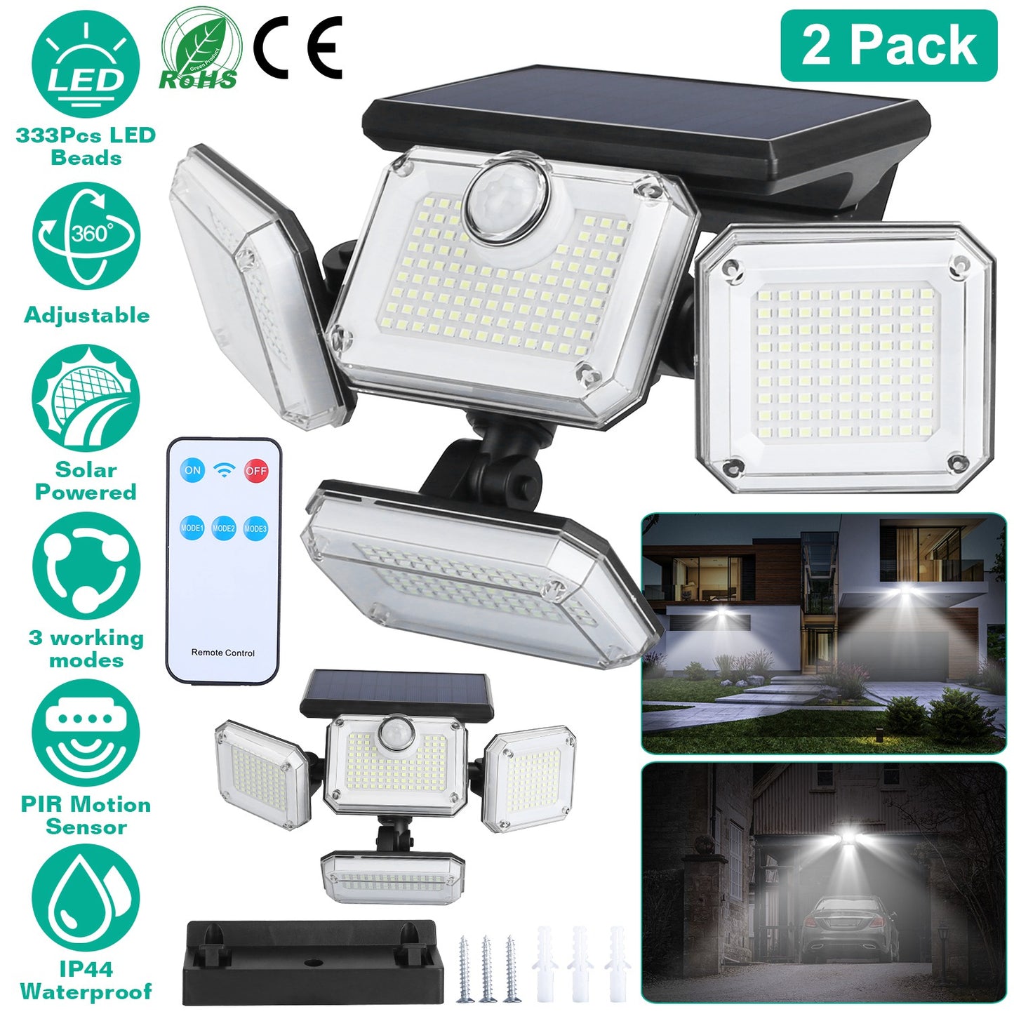 Solar Motion Sensor Wall Light 2-Pack with 333 LED Beads