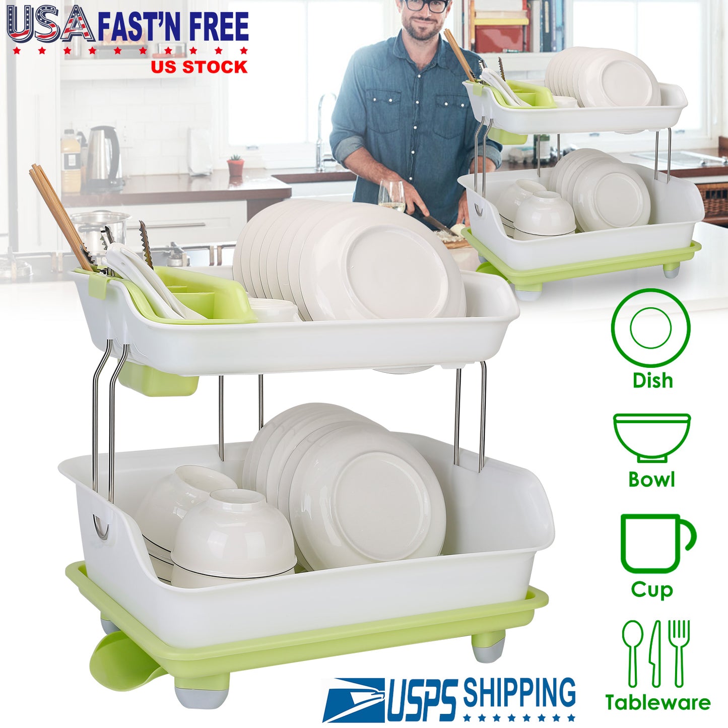2-Tier Dish Drying Rack with Cutlery Holder & Drainage Tray