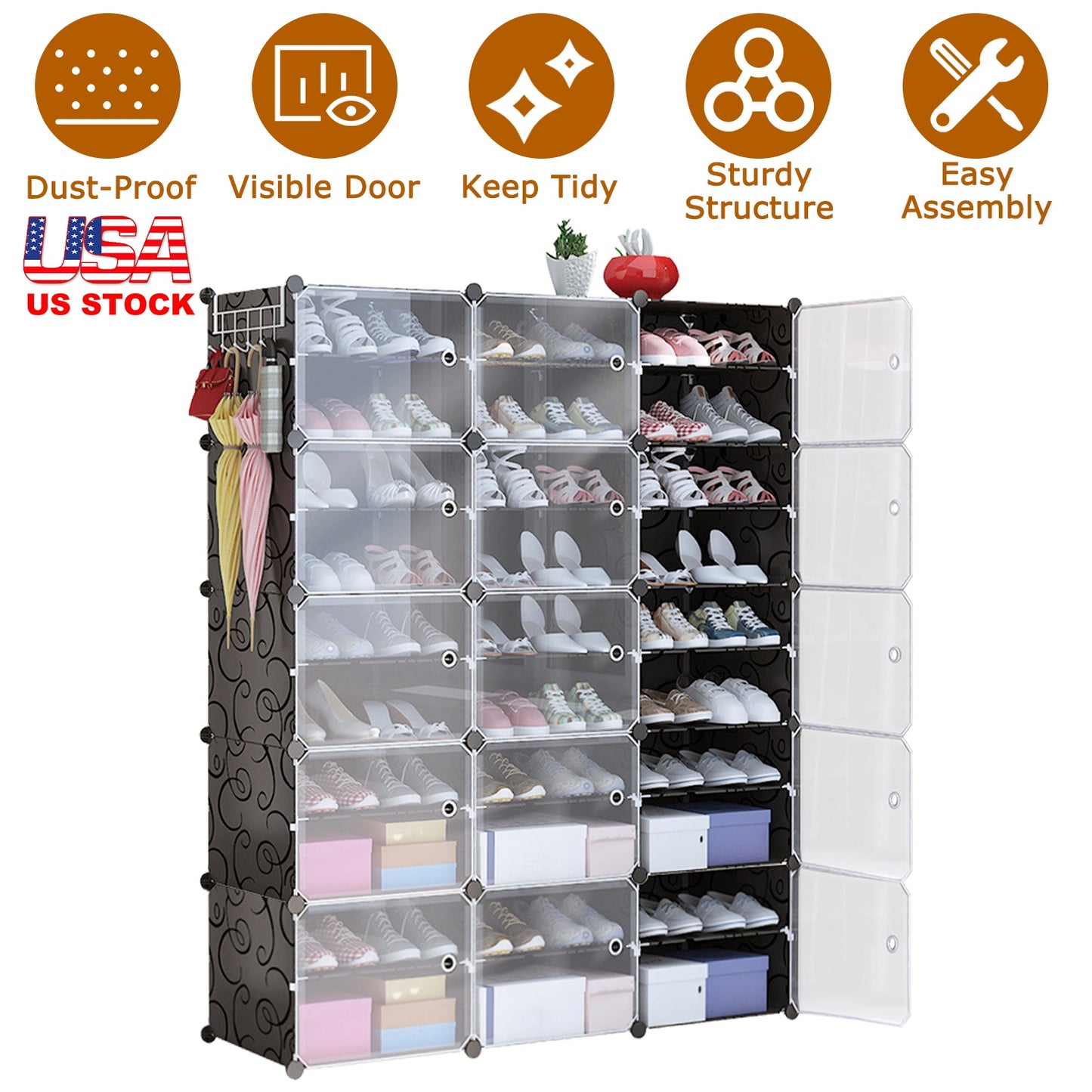 8-Tier Shoe Rack Organizer with Transparent Doors, 32 Pairs