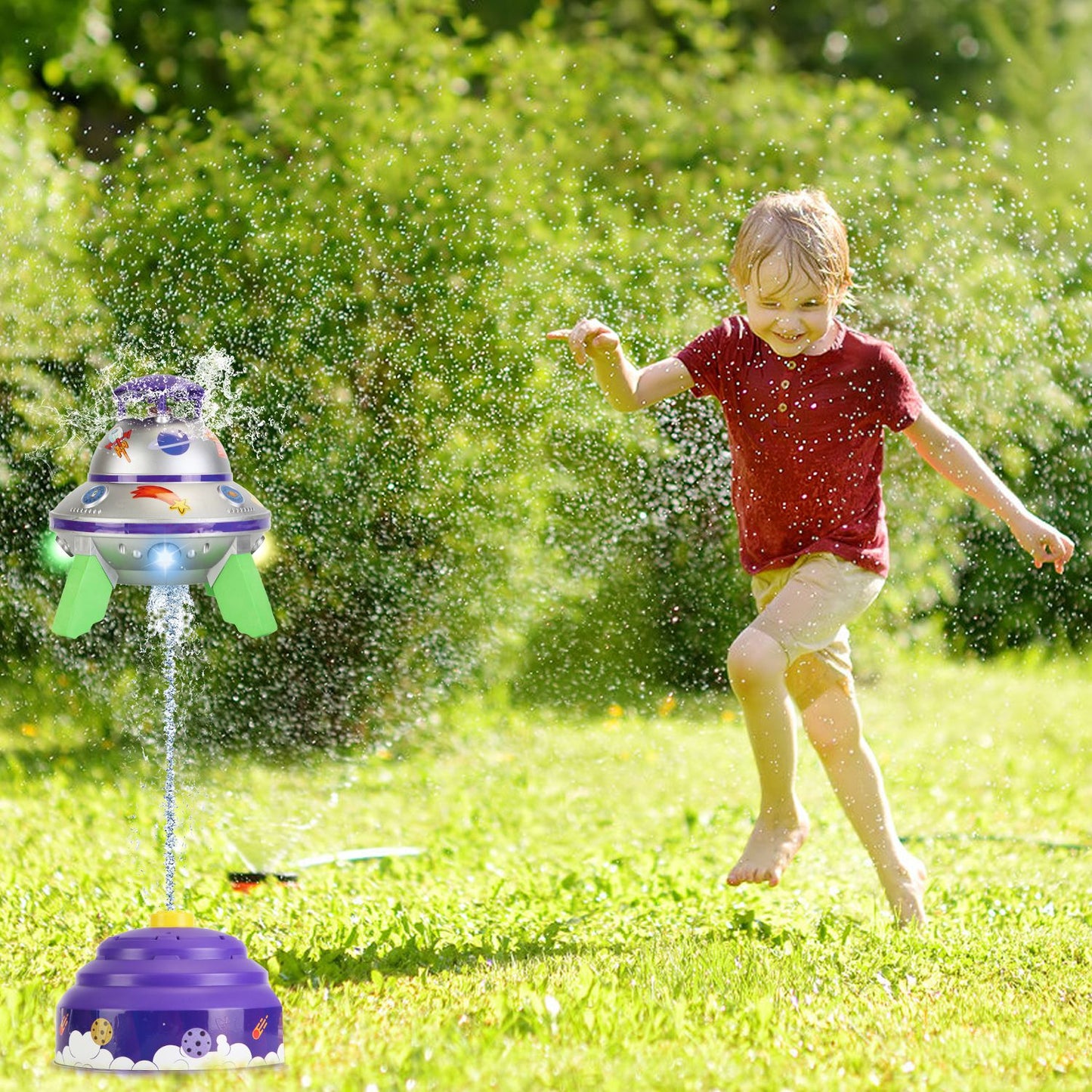 UFO Water Sprinkler Toy with LED Lights & 360° Rotation