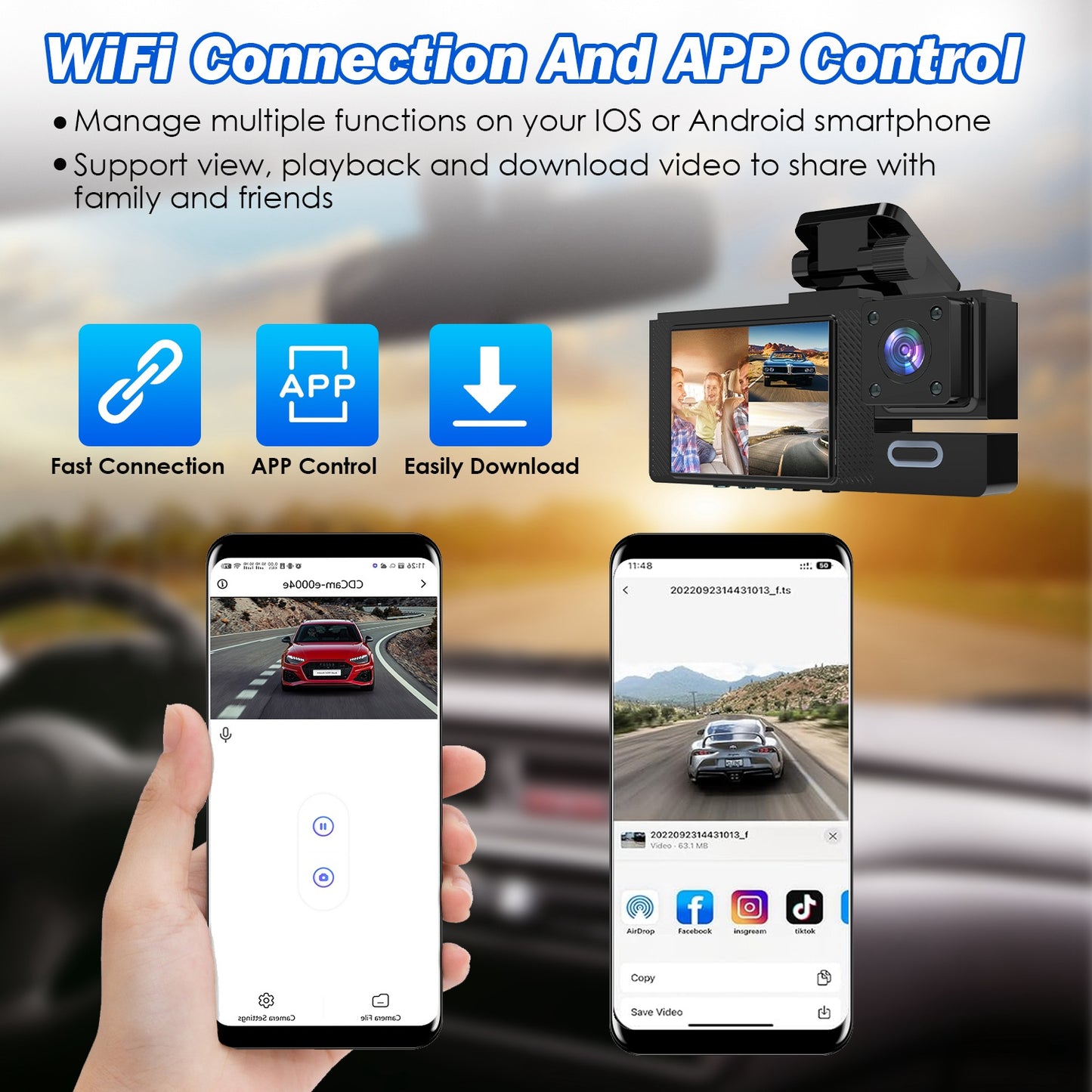 3-Channel Car Dash Cam with WiFi and Night Vision