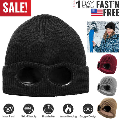 Unisex Knit Beanie Hat with Goggle Chunky Winter Warm Hat Skull Cap 4 Colors