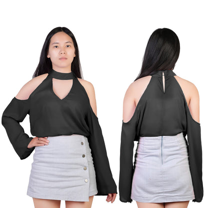Women\'s Sexy Off The Shoulder Blouses Cold Shoulder Tops V-Neck Long Sleeve T-Shirt Solid Color Summer
