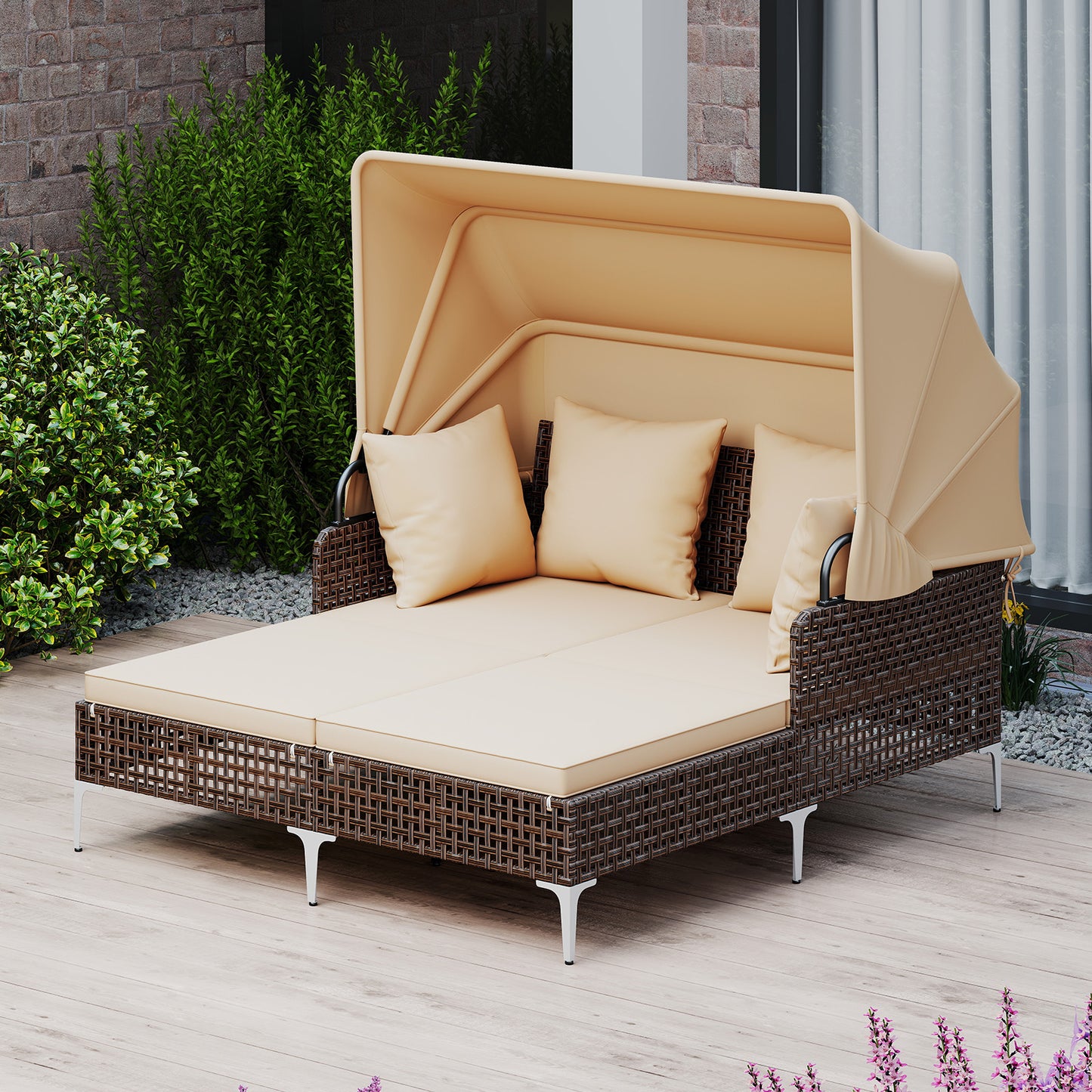 Outdoor Daybed with Retractable Canopy - PE Wicker Rattan