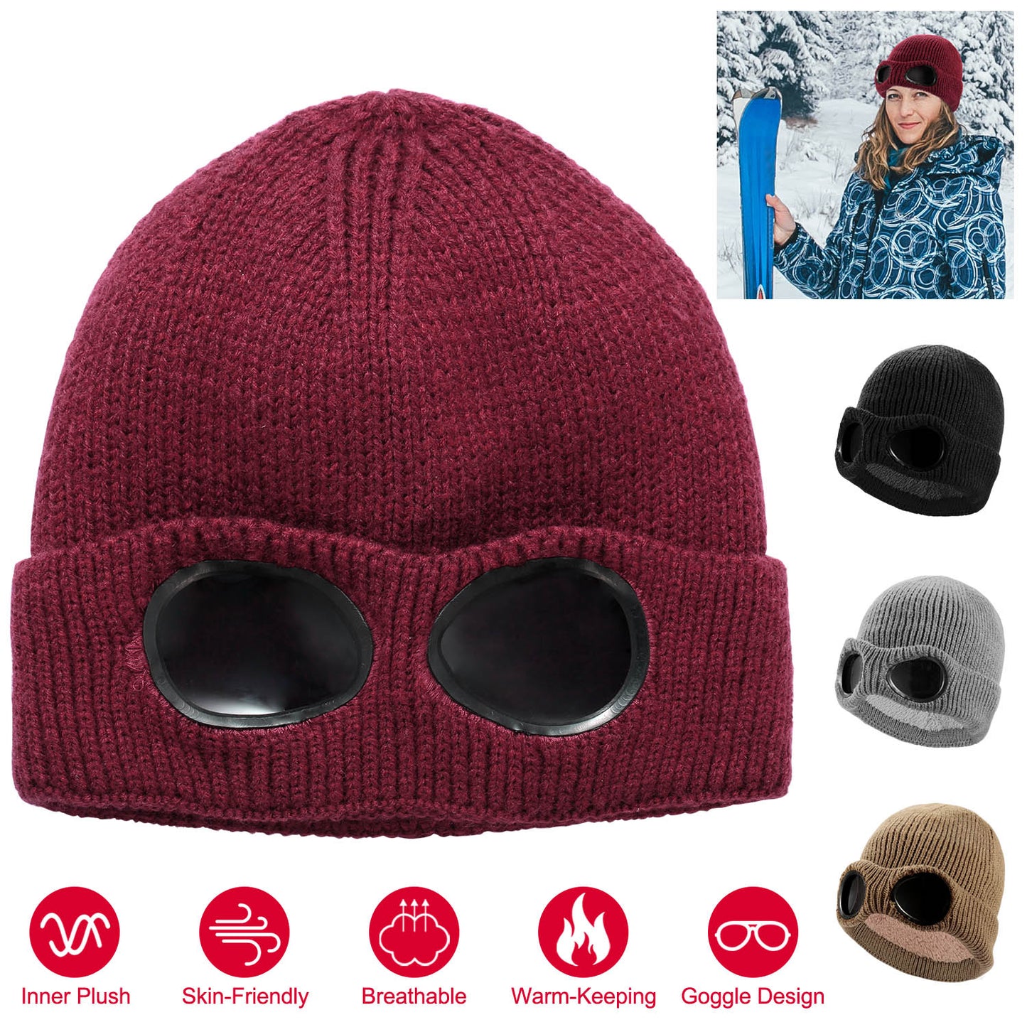Knit Beanie Hat with Goggle - Warm Winter Skull Cap
