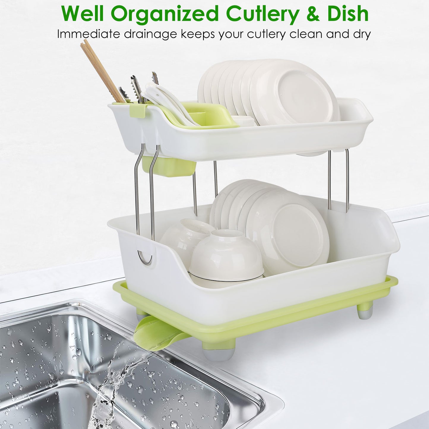 2-Tier Dish Drying Rack with Cutlery Holder & Drainage Tray
