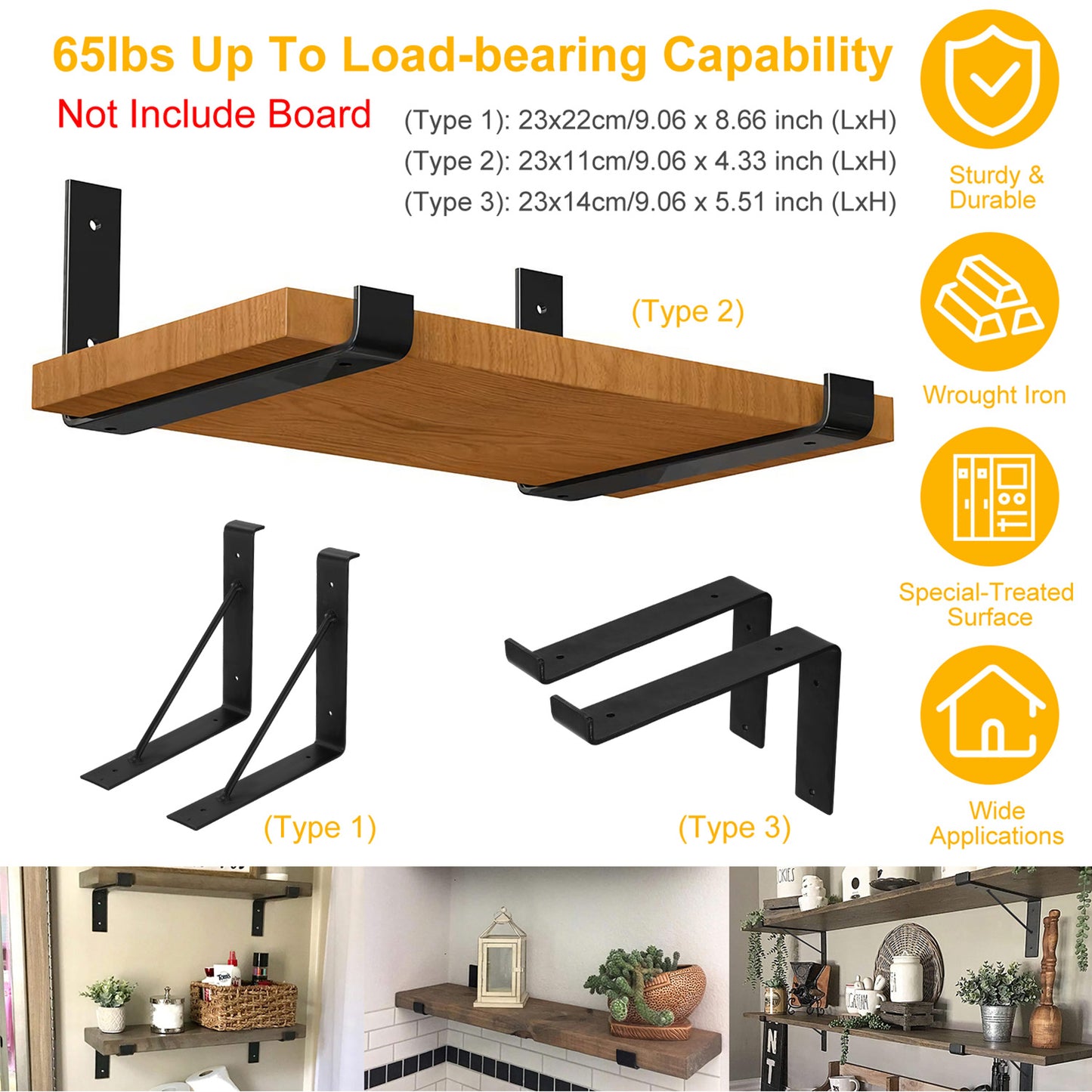 Heavy Duty Wall Mounted Shelf Brackets - 2 Pack Black Metal